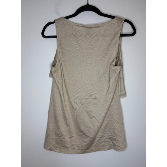 ANNE TAYLOR NEW Tiered Tank Womens M Tan Satin Ruffle Foundation Flowy Holiday - Picture 2 of 5